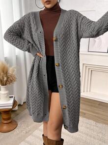 Plus Size Women's Solid Color Front Button Long Sleeve Minimalist Casual Long Knitted Cardigan, Winter