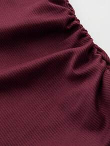 Women's Solid Color Boat Neck Flare Sleeve T-Shirt, Autumn, Fitted, Ruched, Slimming, Long Sleeve - Burgundy - View 3