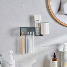1pc Self Adhesive 5 Slots Wall Mount Toothbrush Holder With Cover For Shower, Toothpaste & Toothbrush Hanger For Bathroom, Dorm - Multicolor - View 2