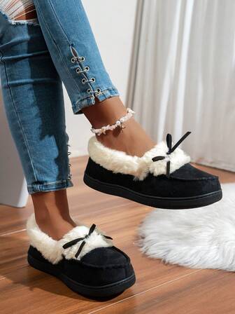 High Density Memory Foam Slippers, Plush Lining Indoor Slippers For Winter, Bow Decor, Non-Slip, Women Slippers, Holiday Gift