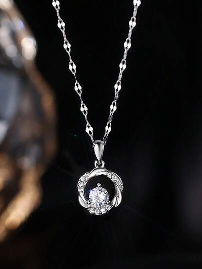 S999 Pure Silver Mobius Loop Necklace For Women, Luxury Minimalist Delicate Clavicle Chain, Sparkling Single Diamond, Suitable For Daily Wear, Valentine's Day Gift