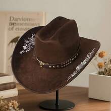 Women Men Embroidery Cowgirl Hat Wide Brim Cattle Head Belted Wool Hat Felt Jazz Cap For Party - Cà phê nâu - Xem 5