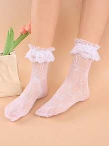 1 Pair Women's Lace Mid-Calf Socks With Big Lace Trim, Elastic Hollow Mesh Stockings, Style Kawaii Lace Socks - 白色 - 查看 5