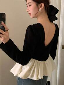 Casual Sweet Ballet Style Layered Blouse With Ruffle Trim And Long Sleeves, Suitable For Women In Spring And Autumn