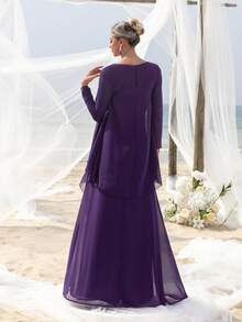 Mother Three-Quarter Sleeve Cardigan-Style 2 In 1 V-Neck Floor-Length Party Gown – Chiffon Ruffled Hem, Form-Fitting Silhouette For Beach Weddings & Upscale Outdoor Events - Purple - View 3