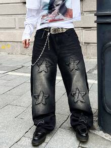 Infinite Jeans 1pc Streetwear Celana Panjang Pria Patchwork Bordir Kaki Lebar Longgar Nyaman Serbaguna Sepanjang Musim Celana Panjang Denim High Street (Produk Tidak Termasuk Sabuk Dan Aksesoris) - Hitam - View 3