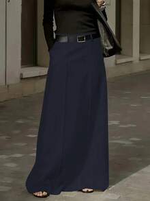 女士休闲梭织A字长裙，带口袋，无弹力，春季款 - 藏藍 - 查看 1
