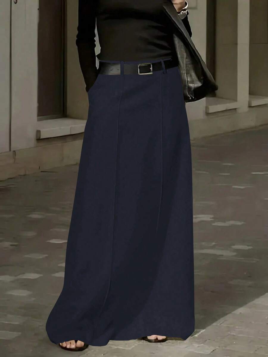 女士休闲梭织A字长裙，带口袋，无弹力，春季款 - 藏藍 - 查看 1