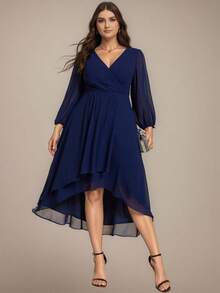 大码女士雪纺A字秋冬婚礼宾客礼服，不对称下摆V领长袖褶皱中长款正式连衣裙 - 藏蓝色 - 查看 9
