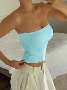 Áo tank top không dây, màu trơn, co giãn ôm sát dành cho nữ của Vaiaye, áo camisole cơ bản không dây thời trang cho mùa xuân và mùa hè. - Màu xanh Bạc hà - Xem 9