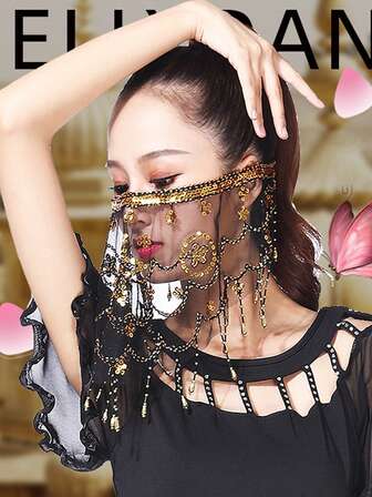 1pc Women's Mesh Sequin Veil, Tassel Belly Dance Face Mask, Dance Performance Accessory Face Covering