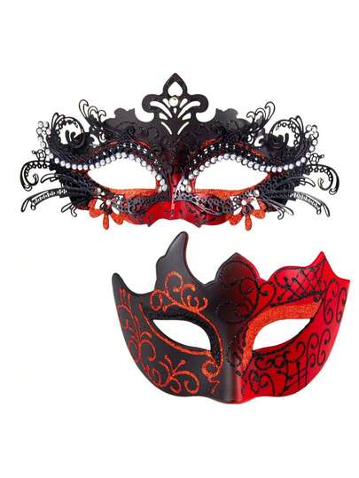 Couple Masks - Shiny Metal Wire Raspberry Color Crystal Venetian Mask, Men's Carnival Mask (The Masks Are Hand-Painted, So There May Be Slight Line Deviations, But It Does Not Affect The Use)