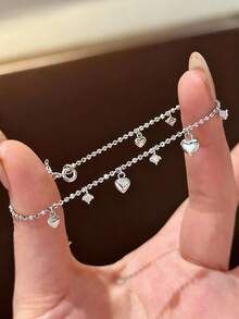 1pc Romantic S925 Sterling Silver Zirconia Heart Bracelet, Exquisite Jewelry Gift For Women, Girlfriend