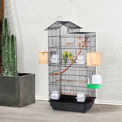 1 pieza Jaula de metal moderna para pájaros/loros con columpio, escalera y puerta, color negro/blanco