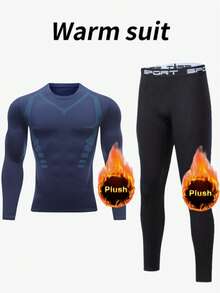 Two Piece Boyfriend Style Men's Set, Men's Compression Set, Quick Drying Fitness Set, Wool Lined Leggings And Pants, Long Sleeved Exercise Training Set, Sports Bra And Leggings, Suitable For Gym Wear, Boyfriend Gift Selection - Navy Blue - View 2