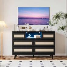Cómoda de ratán para dormitorio con 6 cajones, cómoda de madera natural resistente con luz LED y estación de carga, soporte para TV, habitación infantil, entrada y pasillo. - Negro - Ver 1