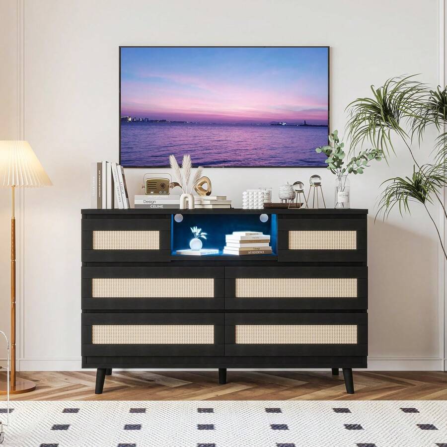 Cómoda de ratán para dormitorio con 6 cajones, cómoda de madera natural resistente con luz LED y estación de carga, soporte para TV, habitación infantil, entrada y pasillo. - Negro - Ver 1