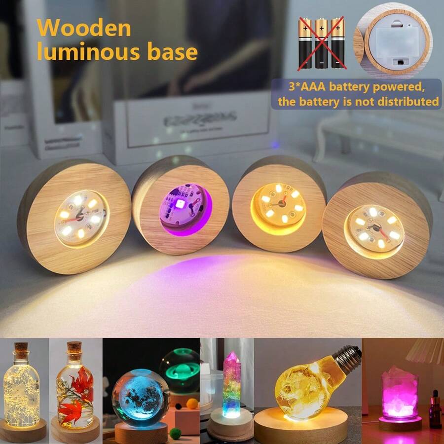 Round Regular 3AAA Battery Box/Crystal Solid Wood Luminous Base Diffusion Board DIY Resin Night Light Small Wine Bottle Ornament LED Small Night Lamp Seat Christmas Halloween New Year's Day Indoor Festival Party Atmosphere Decoration - 8CM - View 1