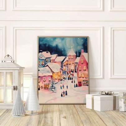 1 件无框粉色圣诞村水彩艺术印刷品，柔和的节日墙面装饰，卧室美观的圣诞海报，少女季节装饰，节日宿舍美观