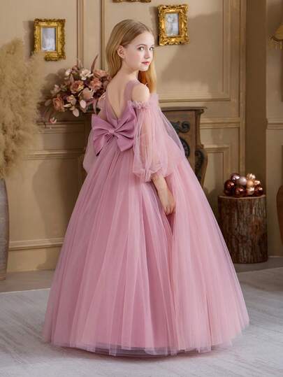 Tween Girl Pink Embroidered Sequin Bow Decor Puff Sleeve Elegant Party Dress, Princess Dress Suitable For Girls Birthday Party, Banquet, Prom, Luxury Evening Gown, Flower Girl, Bridesmaid Dress For Easter, Graduation