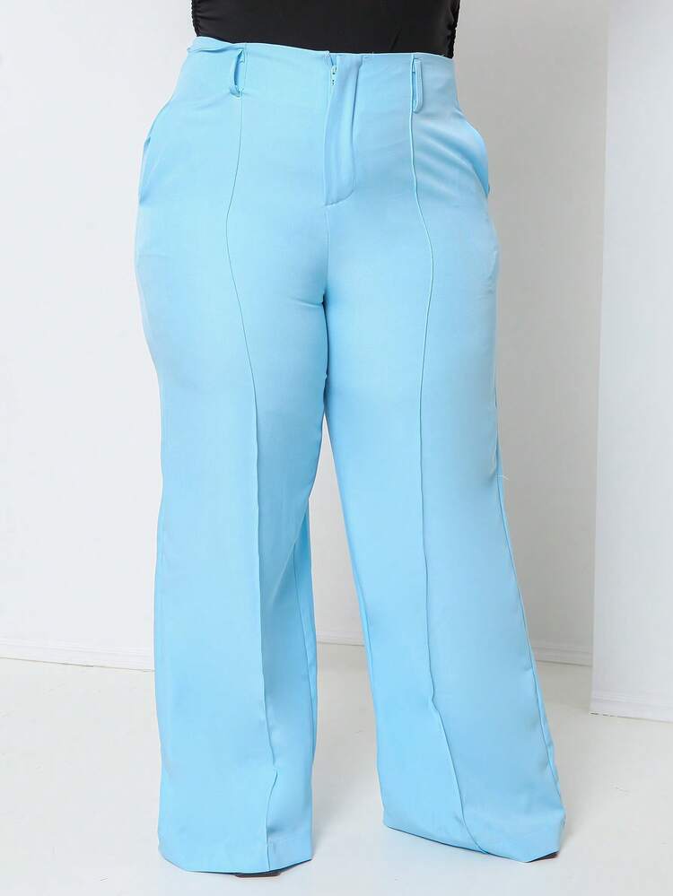 Plus Size Fashion Long Pants Without Belt And Pockets Without Belt - 藍色 - 查看 2