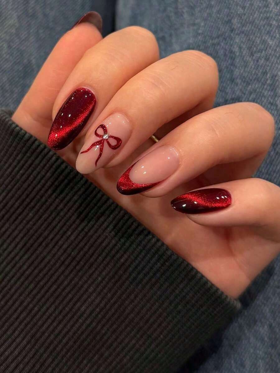 24pcs French Red Cat Eye Nail Stickers, Medium Almond Shape, Bow Decor, Reusable, Full Coverage, Minimalist Cute Style, Smooth Surface, Suitable For Women And Girls Daily Wear - Nhiều màu - Xem 1