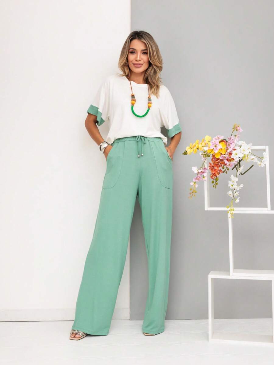 Women's Set, Wide Leg Pants, Two-Tone Sleeve Blouse, Loose, Elegant - Water Green - View 1