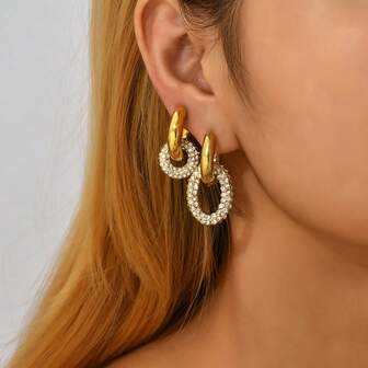 1 par de pendientes de aro colgantes geométricos de acero inoxidable con circonita cúbica, pendientes asimétricos de doble anillo