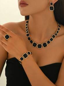 4pcs/Set Women Jewelry Set, Multiple Asymmetrical Spiral Shape Black Rhinestone Embellished Necklace, Bracelet, Earrings, And Ring, Classic Elegant Style For Daily Wear, Party, Gift - Yellow Gold - View 12