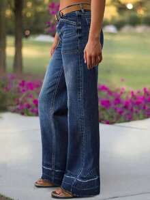 New Women's High Waisted Elastic Wide Leg Jeans, High-Quality, Fashionable, Casual And Comfortable Jeans, Suitable For Daily Wear - 藍色 - 查看 2