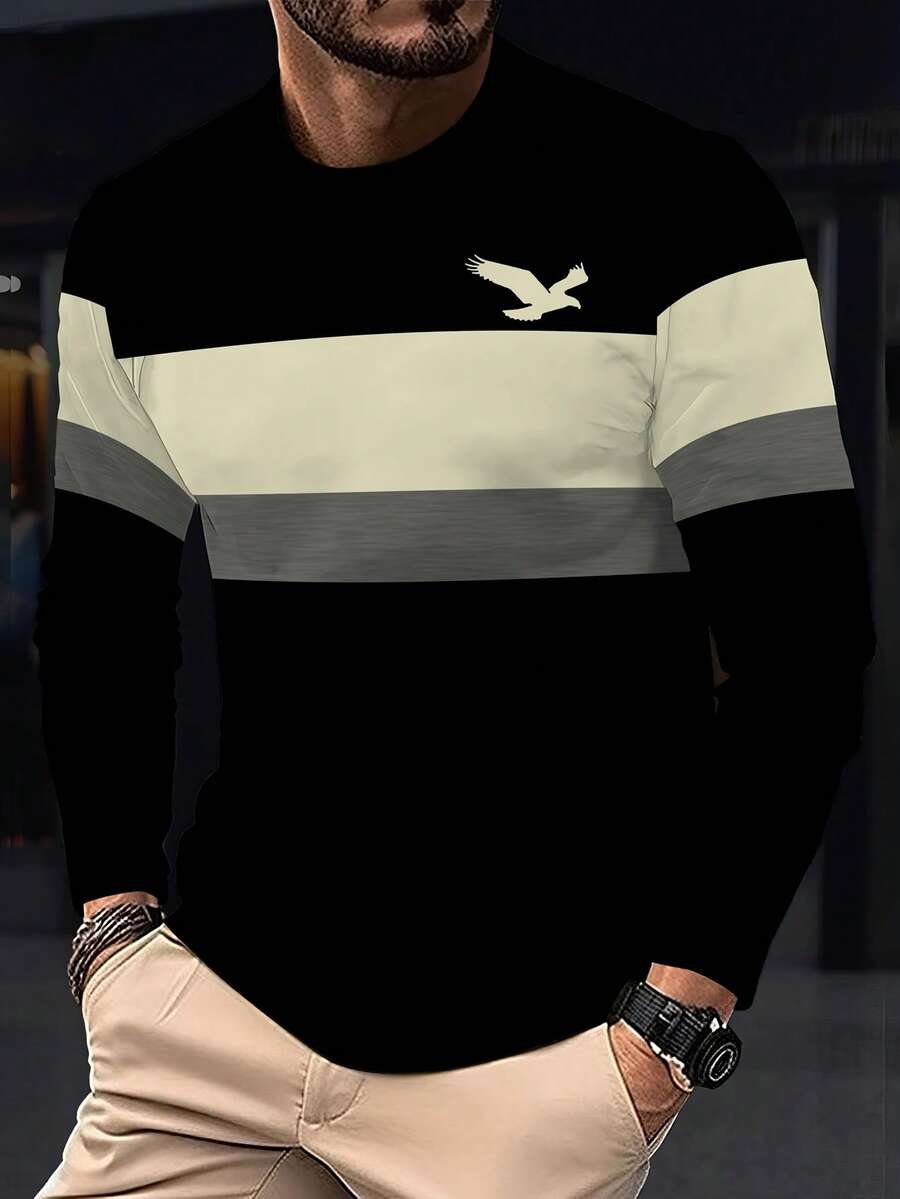 男士圆领长袖T恤，时尚街头风透气T恤，休闲舒适上衣，春夏度假休闲男装，适合作为礼物 - 彩色 - 查看 1