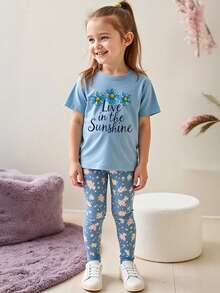 2pcs/Set Girls Flower Pattern T-Shirt And Leggings Set, Casual Minimalist Design, Suitable For Summer - Blue - View 1