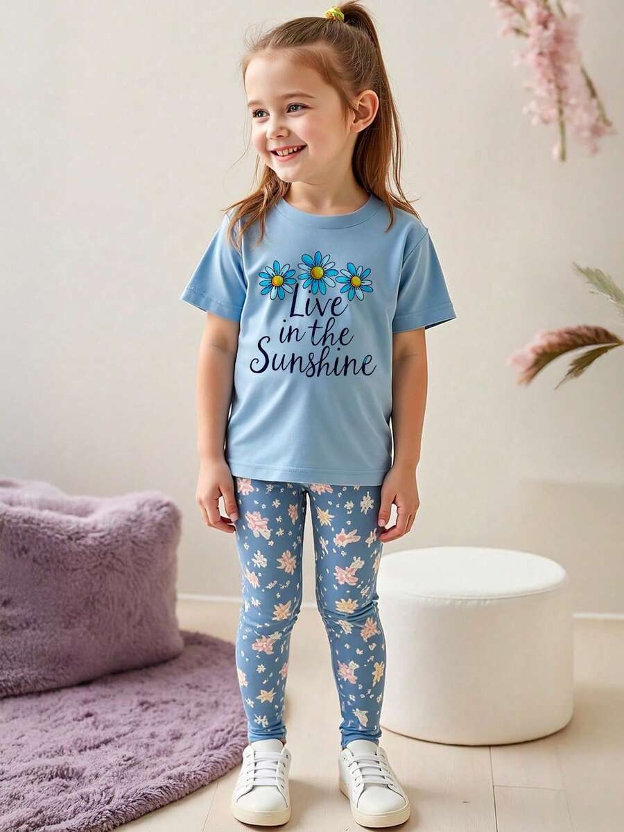 2pcs/Set Girls Flower Pattern T-Shirt And Leggings Set, Casual Minimalist Design, Suitable For Summer - Blue - View 1