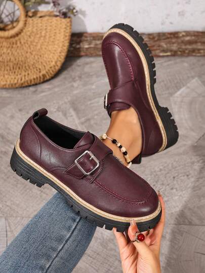 1 Pair Versatile Buckle Decor Thick Sole Flat Heel Vintage Casual Loafers, Streetwear Style Commuting Women Shoes