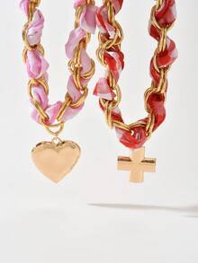 2 chiếc vòng cổ mặt hình thánh giá và trái tim kim loại phong cách Bohemian phóng đại, thích hợp cho phụ nữ đeo với váy, áo sơ mi, cho trang phục hàng ngày và dự tiệc - Hồng - Xem 5