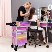 Professional Rolling Salon Makeup Train Case With Drawers, Large Cosmetic Trolley With Locks, Cosmetics Storage Organizer Make Up Case For Salon, Travel Makeup/Nail Art/Hair Styling, Gradual Purple - Gradient Purple - View 4