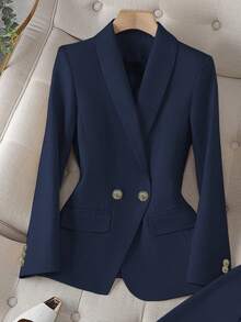 Solid Color Single Button Long Sleeve Single-Breasted Waistcoat Suit Pants Two-Piece Set - Màu xanh hải quân - Xem 3