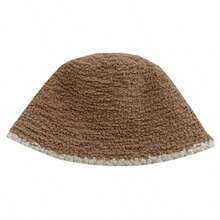 1pc Women Khaki Patchwork Fluffy Bucket Hat, Versatile For Autumn/Winter Daily Use - Khaki With White Edges - View 5