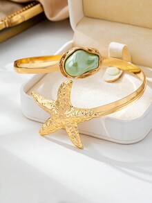 1 件创意时尚新款海星开口巴洛克仿珍珠臂章，优雅女士夏季海滩度假派对婚礼度假音乐节节日礼物珠宝，精灵服装，美人鱼配饰 - 金色+淺綠色 - 查看 3
