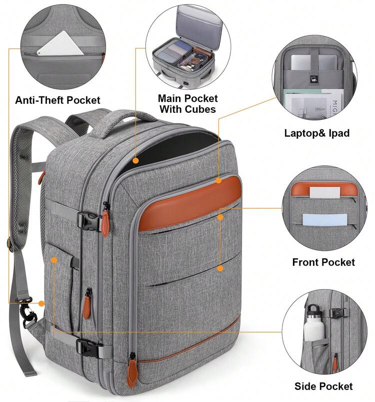 UKEIN 5PCS Travel Backpack Carry On Backpack 42L Flight Approved, Expandable Laptop Backpack With Packing Cubes & Shoe Pocket, Water Resistant Luggage Backpack For Men Women, TSA Approved, Large Backpack - 灰棕色 - 查看 4