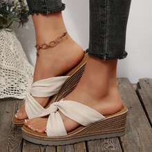 Summer Travel Wedges Heels Women's Sandals Bow-Knot Flats Wear-Resistant Beach Slippers Shoes Platform Sandals Outdoor Beach Walking - 米色 - 查看 5