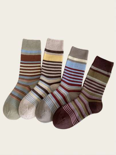 1 Pair Retro Mori Style Colorblock Striped Mid-Calf Socks, Korean Fashion, Breathable, Versatile For Autumn/Winter