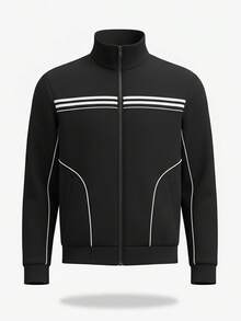 Men's Spring/Autumn Stand Collar Zipper Fashion Casual Piping Two-Stripe Loose Jacket Coat - Black - View 3