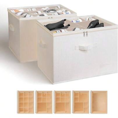 2 Pack Adjustable Shoe Organizer, Beige, Fits 24 Pairs, Cover, Space Saving, Reinforced Handles