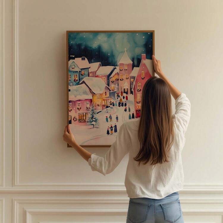 1 件无框粉色圣诞村水彩艺术印刷品，柔和的节日墙面装饰，卧室美观的圣诞海报，少女季节装饰，节日宿舍美观 - 彩色 - 查看 2