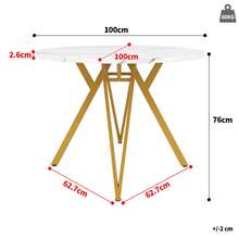 Dining Table Set (5 Pieces), Dining Table Set With 4 Chairs, Modern Kitchen Dining Table Set, 100cm Diameter Round Kitchen Table And Gold Metal Legs, MDF Marble Table Top, Grey Dining Chairs - Gold + Gray + Linen + MDF - View 3
