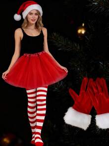 4 件套女士圣诞服装套装 - 圣诞帽、手套、条纹袜、红色薄纱裙、圣诞节假期角色扮演服装
