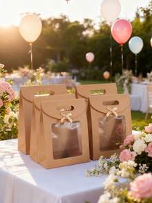 5pcs Bowknot Transparent Window Gift Bags, Extra Small/Small/Medium/Large Size, Brown Color, Suitable For Birthday Party, Christmas, Mystery Box