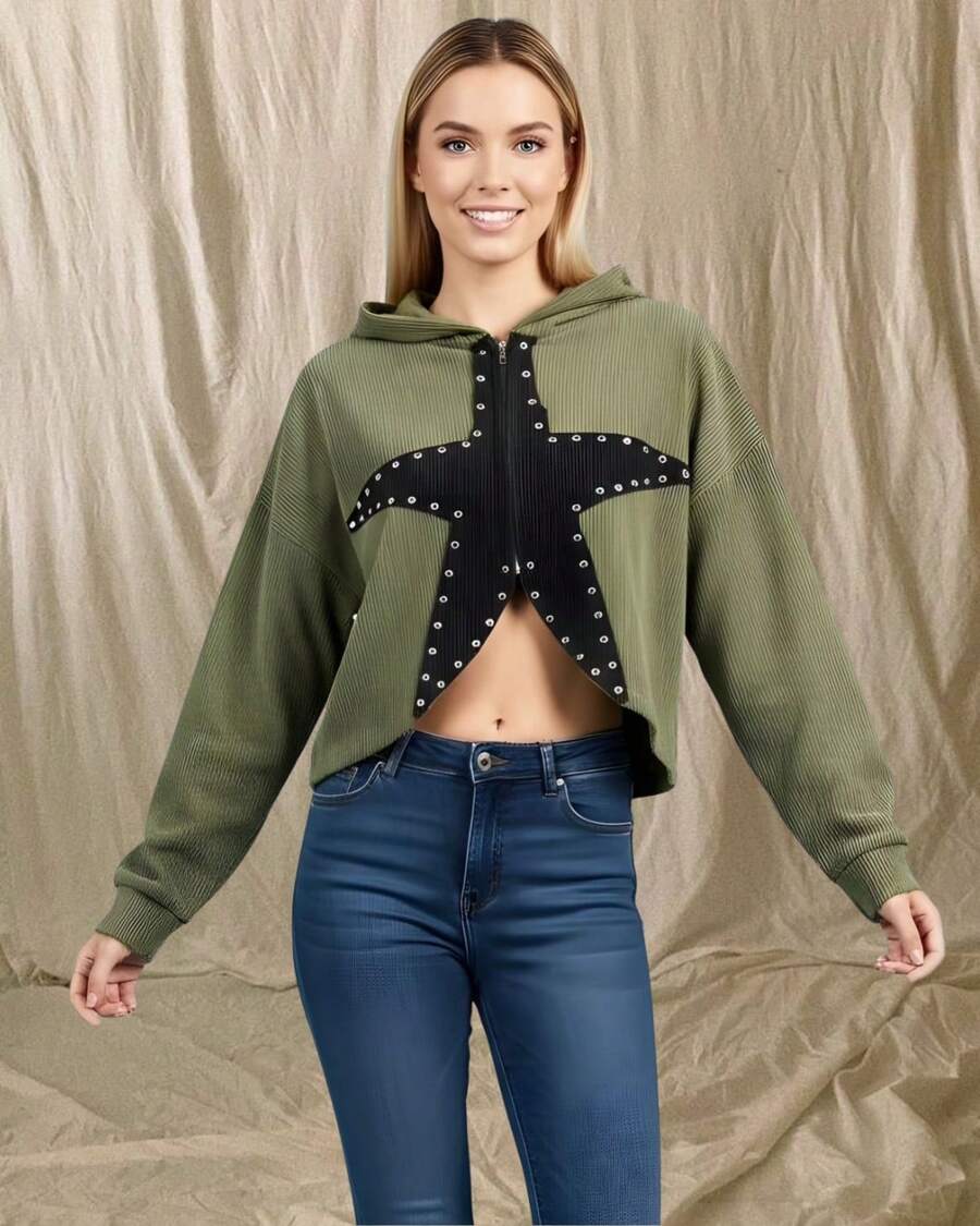 Chamarra de pana con bordado Estrella y strass - Verde militar - Ver 1