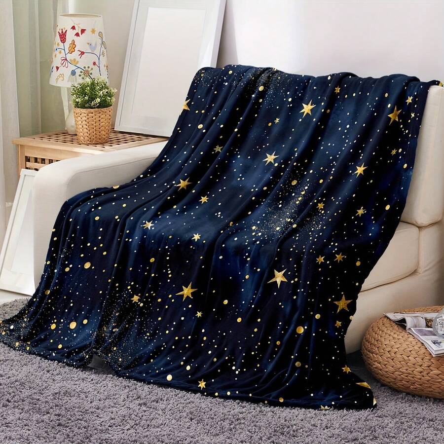 Navy Blue Flannel Fleece Throw Blanket With Gold Star And Galaxy Print Super Soft Lightweight Warm Plush Blanket For Sofa Bed Couch Living Room Bedroom Decorative Cozy Fuzzy Microfiber Blanket For All Seasons(280 GSM) - 白色 - 查看 1